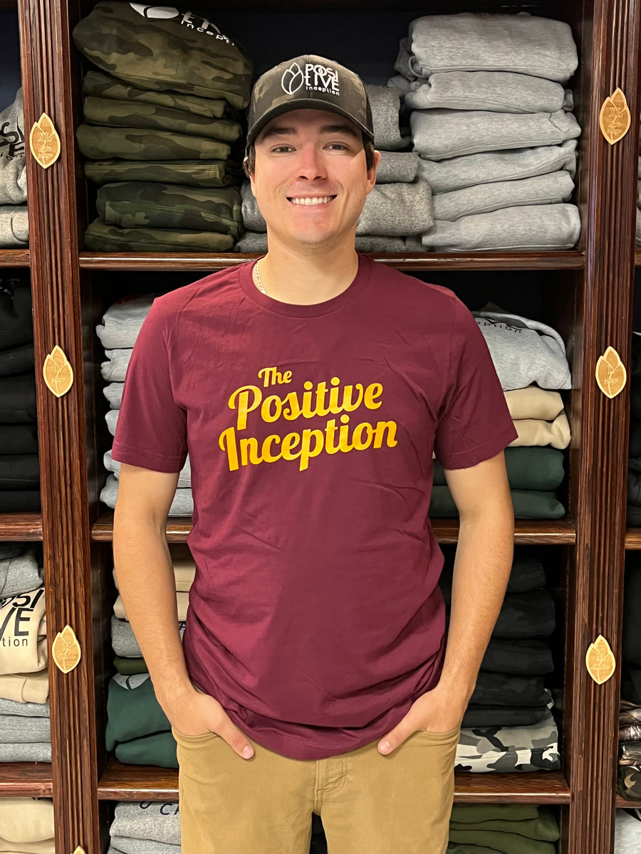 Men's Positive Inception Burgundy and Yellow Cursive Logo T-shirt – The ...